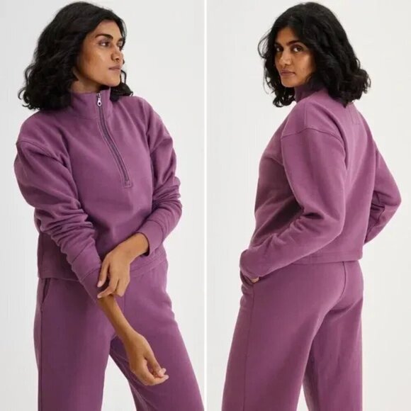 Girlfriend Collective Tulipwood Mauve 50/50 Half Zip Sweatshirt M Crop Lounge - Picture 1 of 8